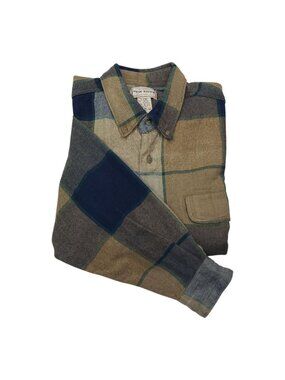 New River Plaid Button-Up Flannel Shirt Mens L Cotton Beige & Blue Long Sleeve